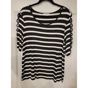89th & Madison Black and White Striped Top with Cutout Sleeve Detail - Size L